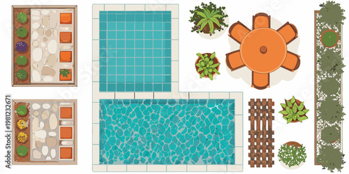 Overhead view of a pool area with patio plants and landscaping