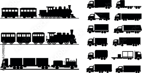 Transportation silhouettes collection featuring vintage steam train passenger wagons and modern cargo trucks isolated vector set on white background