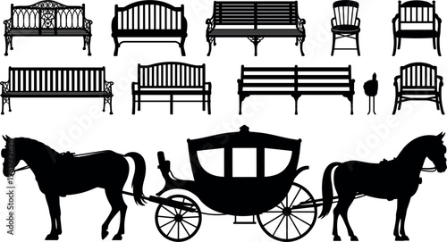 Vintage park bench and horse carriage silhouettes collection featuring classic outdoor seating and transport isolated vector set on white background