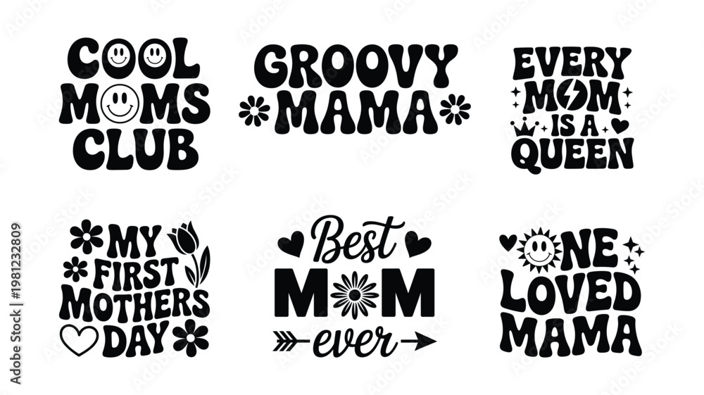 Obraz premium Mothers day celebration typography set with groovy mama and mom quotes for printing.