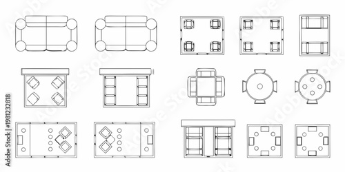 Top down view of furniture arrangements sofas tables and chairs