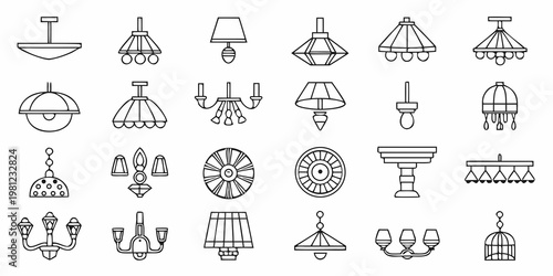 Collection of diverse line art illustrations depicting various chandelier and lamp designs