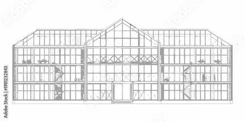 Photos Detailed sketch of a multi story greenhouse with a gabled roof