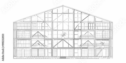 Architectural rendering of a modern multi story glass and timber framed house