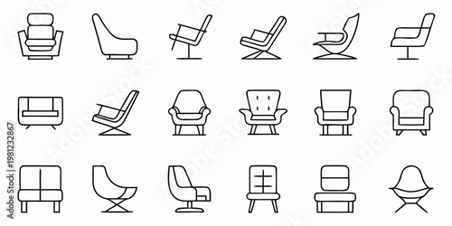 Collection of minimalist chair outlines in various styles and perspectives