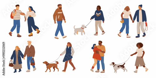 Diverse group of people walking with and without their canine companions