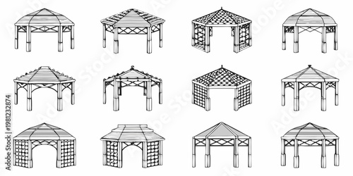 Variety of gazebo designs shown in detailed black and white sketches