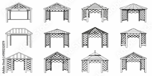 Architectural designs of various garden pergolas and gazebos shown in outline