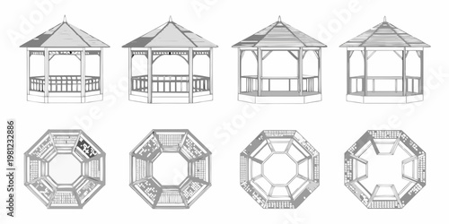 Line drawing of various gazebo designs including hexagonal and octagonal shapes