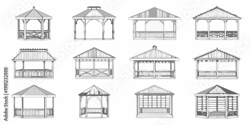 Variety of gazebo designs in a black and white sketch illustration