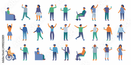 Diverse group of people in various poses and with accessibility devices