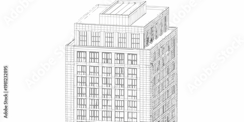 Architectural rendering of a modern high rise building with a grid like facade