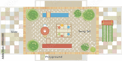 Aerial view of a colorful playground with various play structures