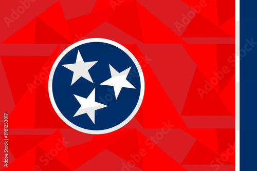 Tennessee flag with polygonal red background and blue circle with three white stars, vector