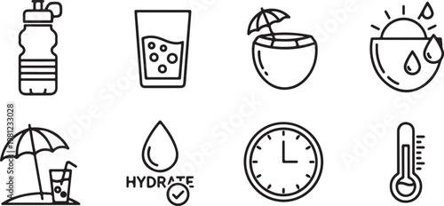 Various objects and symbols representing hydration and water usage Vector