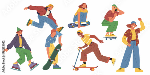 Diverse group of young people enjoying various urban street activities