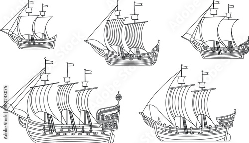 Vintage sailing ships line art collection featuring classic wooden boats detailed masts sails and historic maritime transport vector illustration set
