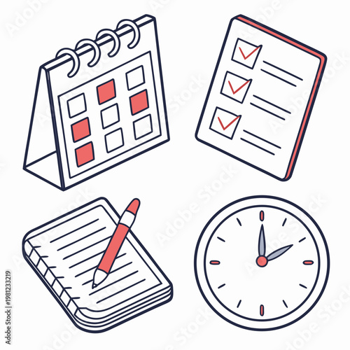 A colorful illustration depicts office stationery including a calendar checklist notepad with pen and analog clock symbolizing organization and time management