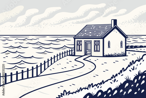 A simple line drawing depicts a coastal house with ocean views
