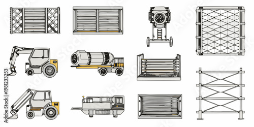Line drawing collection of various construction machinery and metal structures