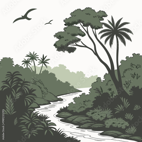 Schilderij op canvas A stylized illustration depicts a lush tropical landscape with a winding river f