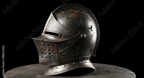 Ancient Medieval Knight Helmet with Battle Damage and Ornate Engravings Resting on Stone Surface
