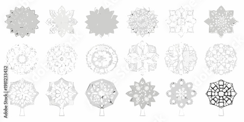 Collection of intricate geometric snowflake patterns arranged on a white background