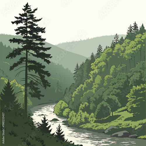 A serene landscape depicts a winding river flowing through a lush green valley surrounded by forested mountains and trees high quality professional