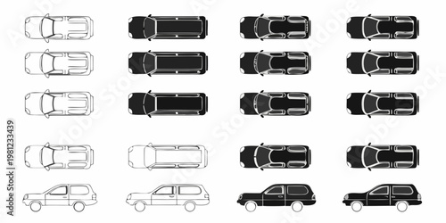 Overhead views of various car models in black and white outlines