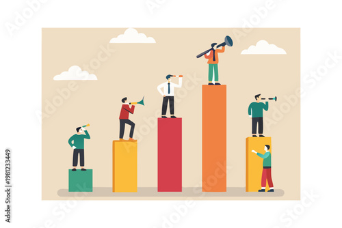 Businesspeople on pedestals communicate with megaphones and telescopes