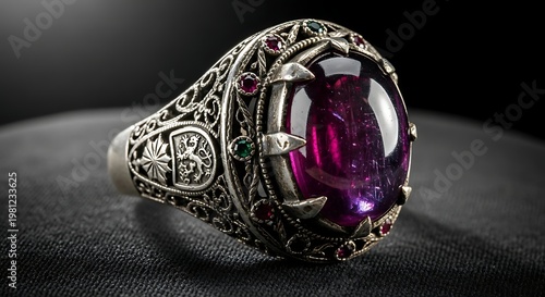 Vintage Silver Ring with Large Purple Cabochon Gemstone and Heraldic Lion Crest Close Up