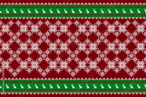 Christmas-themed pattern with white snowflake motifs on red, accented by green bands featuring reindeer silhouettes. Perfect for holiday textiles, wrapping paper, and festive designs.