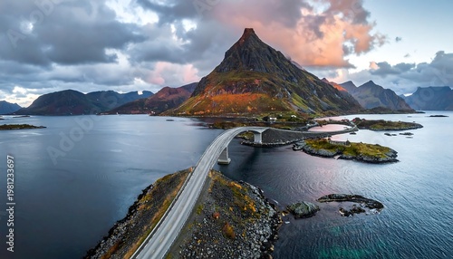 Serene landscape bridge connects islands beneath a mountain peak, under a cloudy sky at sunset