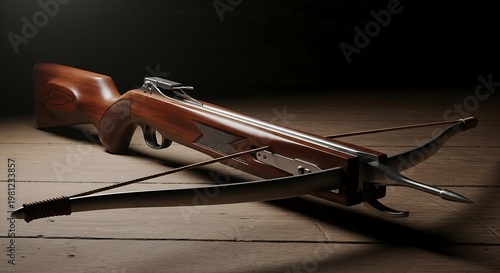 Modern wooden crossbow resting on a rustic wooden floor in a dark studio with dramatic lighting
