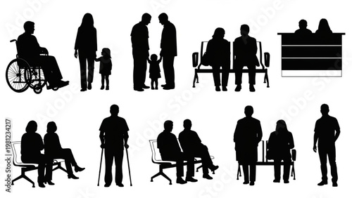 People Waiting in Hospital Reception Solid Silhouette Style Architectural CAD Technical Line Drawing, Healthcare Illustration, Isolated White Background