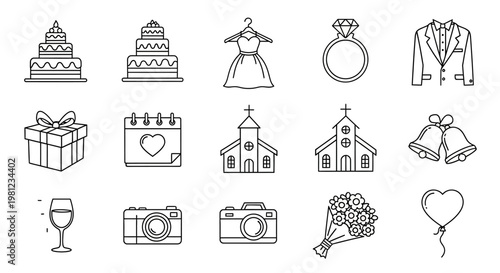 Wedding icons and symbols line art.