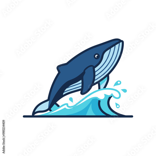 A majestic blue whale is depicted leaping gracefully above a dynamic ocean wave in an illustrative style.