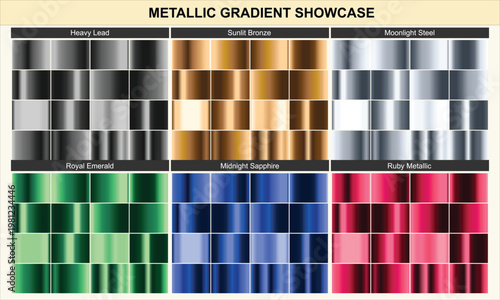 Metallic gradient swatch collection. Featuring gold silver bronze green blue and red chrome textures.