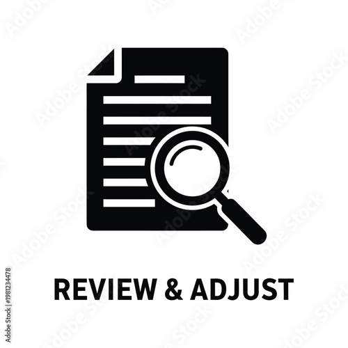 A black icon depicts a document with lines under scrutiny from a magnifying glass suggesting detailed review high quality