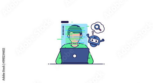 man with green hoodie using laptop with robot assistant