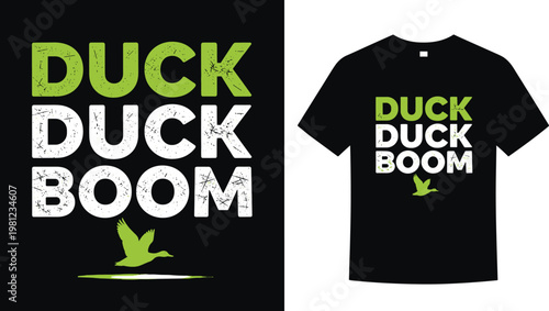 Duck T-Shirt Design Featuring "Duck Duck Boom" Fun Quote with Flying Duck Illustration for Animal Lovers and Humor Apparel