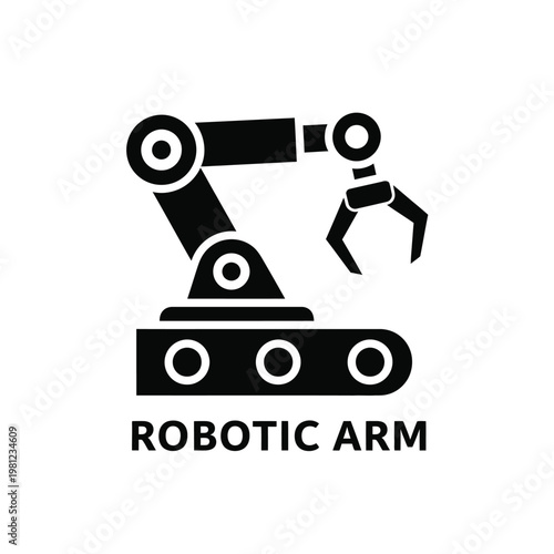 A simple black glyph depicting a robotic arm with a gripper mounted on a conveyor belt base high quality