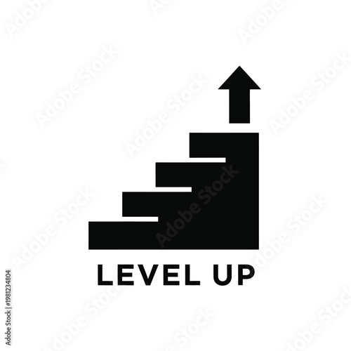 A minimalist black graphic depicts a staircase leading upwards accompanied by the text level up below high quality professional