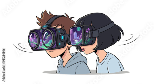 Couple wearing virtual reality goggles together