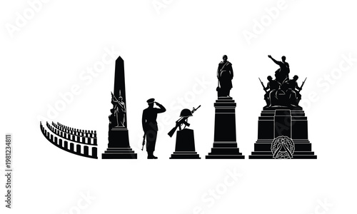Military memorial monuments and soldiers silhouettes vector illustration line art