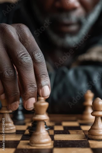 Close up of a mature black man's hand moving a black queen chess piece on a wooden chessboard. The composition emphasizes strategy, dark and light tones, and a focused mood