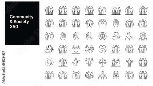 Community and society icon set. People,  social support, equality,diversity, inclusion, teamwork, family, nonprofit icons. Thin line editable stroke vector illustrations.
