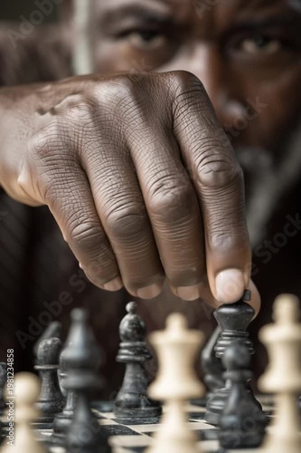 Close up of a mature black man's hand moving a dark wooden chess piece on a chessboard. The composition is focused on the hand and piece with warm, dramatic lighting and rich brown tones