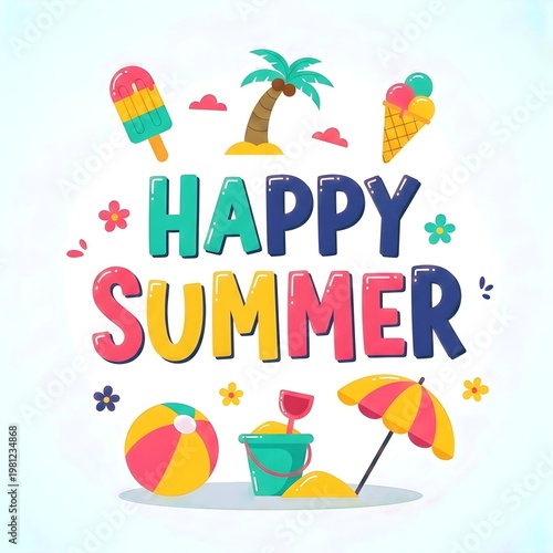 summer holiday backgroundHappy Summer Colorful Typography with Cute Beach Doodles Illustration