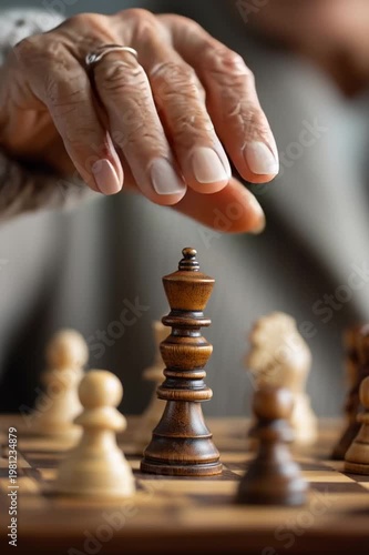 Close up of a mature woman's hand, adorned with a simple ring, moving a dark king chess piece